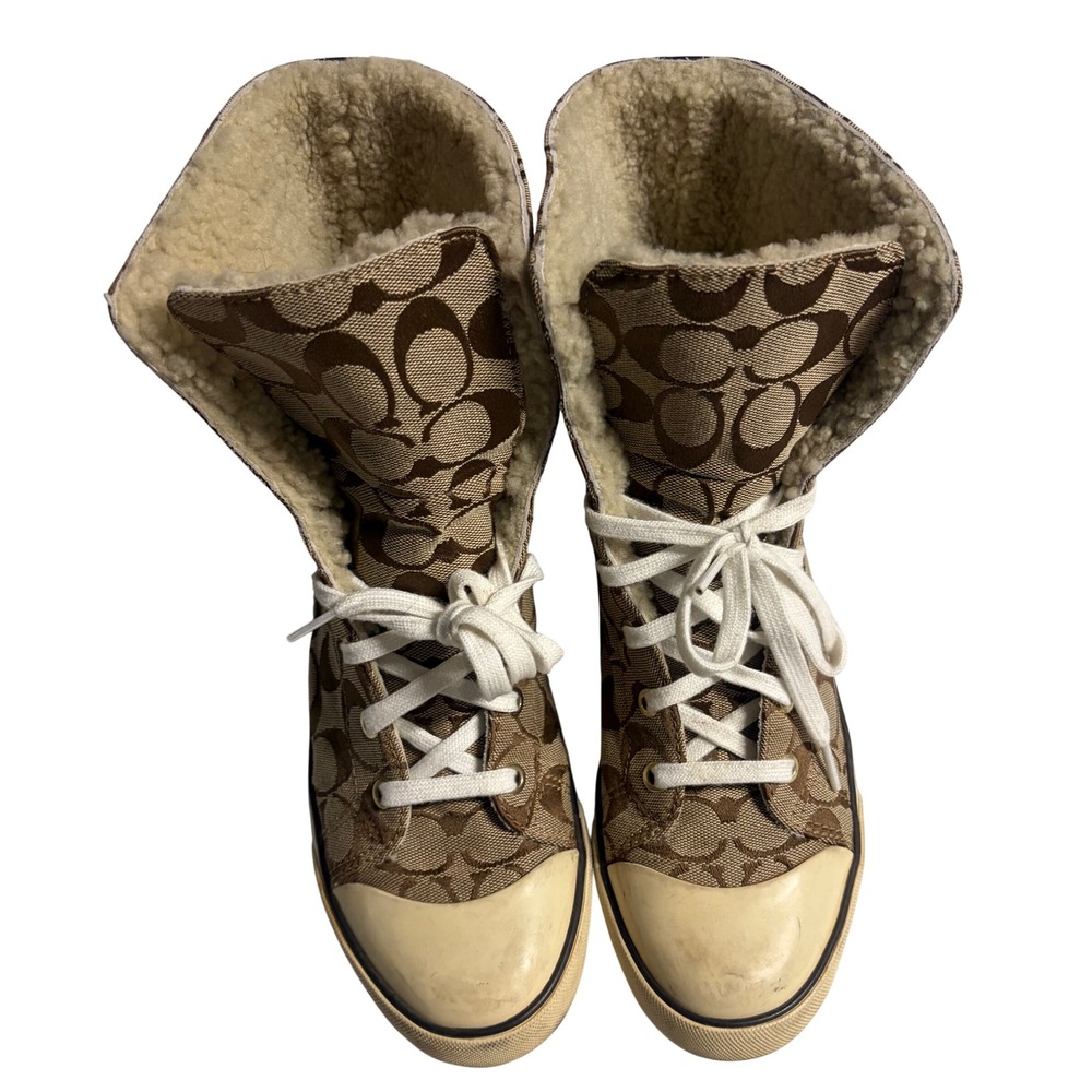 Coach Bonney Shearling High Top Sneakers Signature C Monogram Brown Tan 
Sz 9.5 - Picture 5 of 11